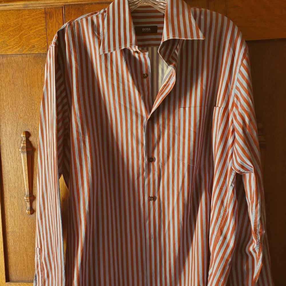 Boss Striped Shirt Pale Blue & Brown 16 1/2 34/35